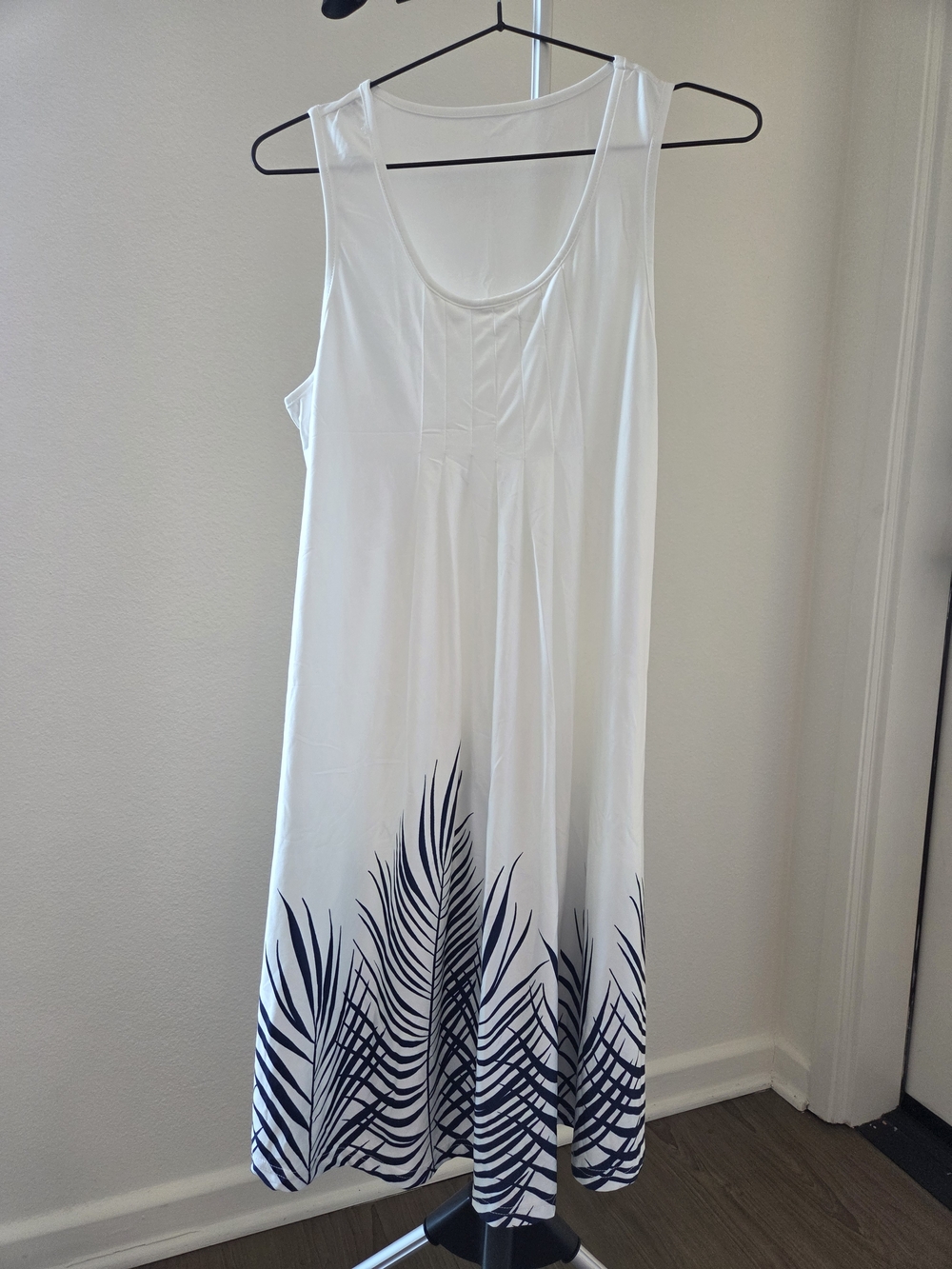 White Tank Dress with Navy Palm Print, Size M